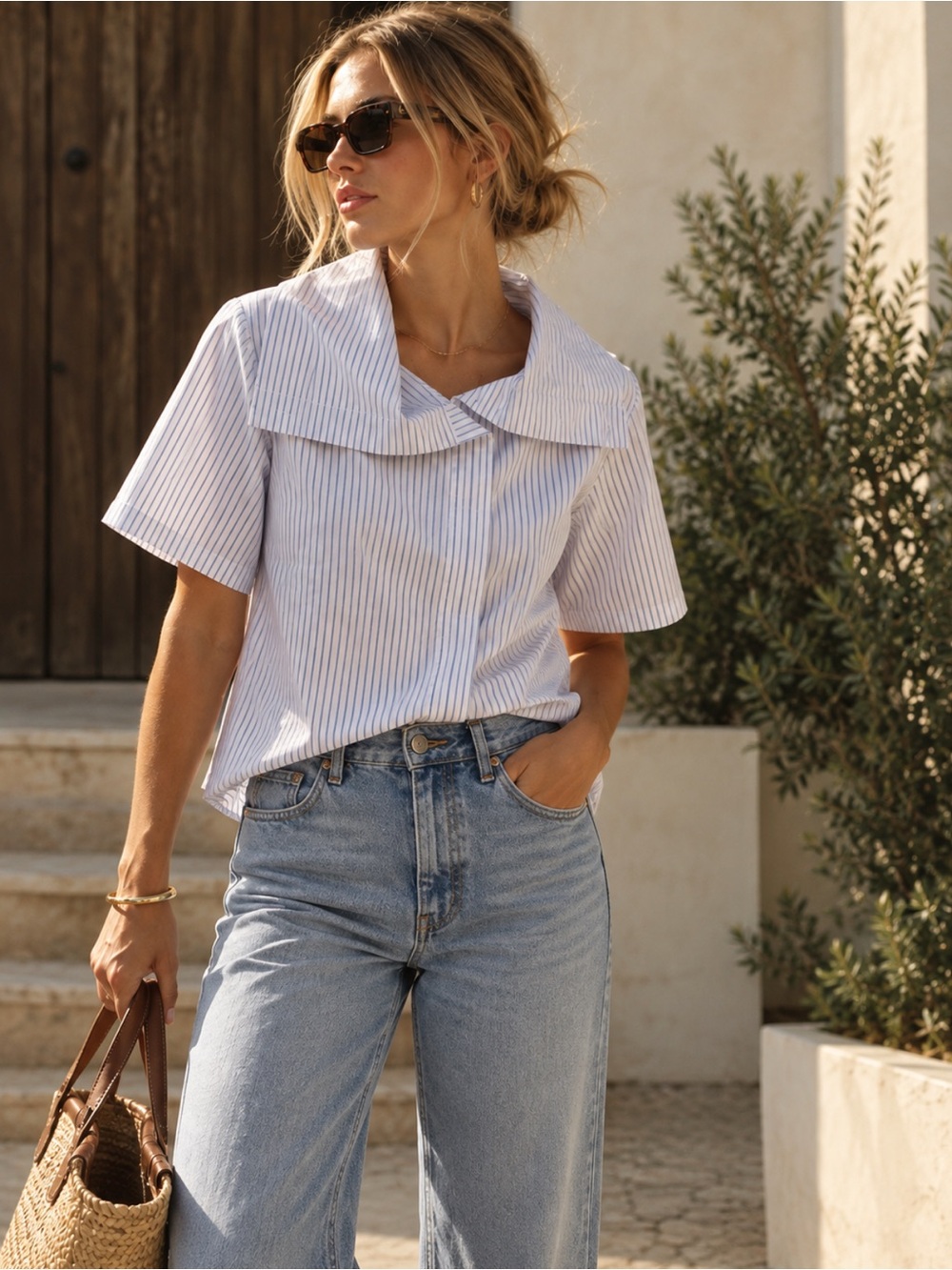 COS Blue White Pinstripe Oversized Sailor Collar Short Sleeve Top size 8